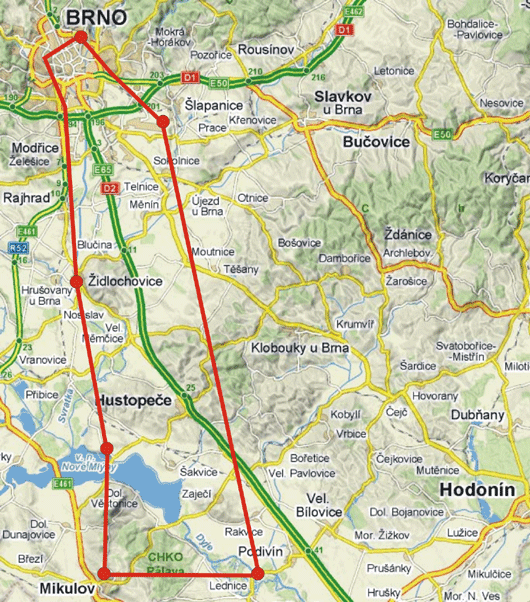 Mapa trasy letu vyhlídkového letu nad Pálavu