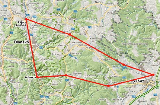 Mapa trasy letu vyhlídkového letu nad Macochu a Blansko