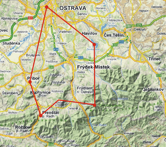 Mapa trasy letu vyhlídkového letu nad Beskydy