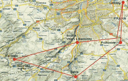 Mapa trasy letu vyhlídkového letu nad hrad Karlštejn
