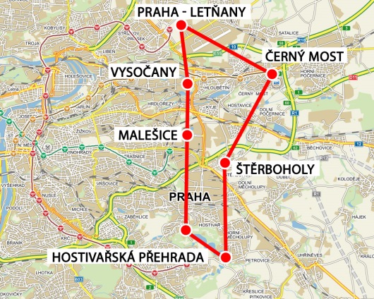Mapa trasy letu vyhlídkového letu vrtulníkem nad Prahou