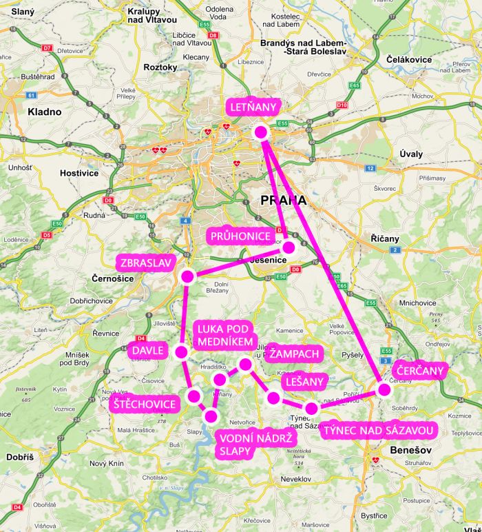 Mapa trasy vyhlídkového letu Velký jižní okruh – Posázavský Pacifik a meandry Vltavy