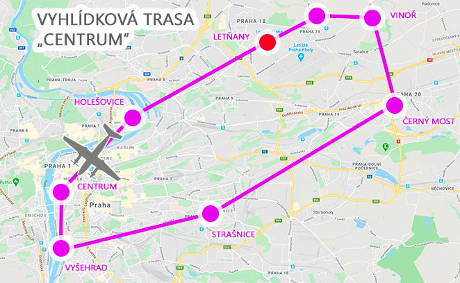 Mapa trasy letu vyhlídkového letu nad hrad centrem Prahy