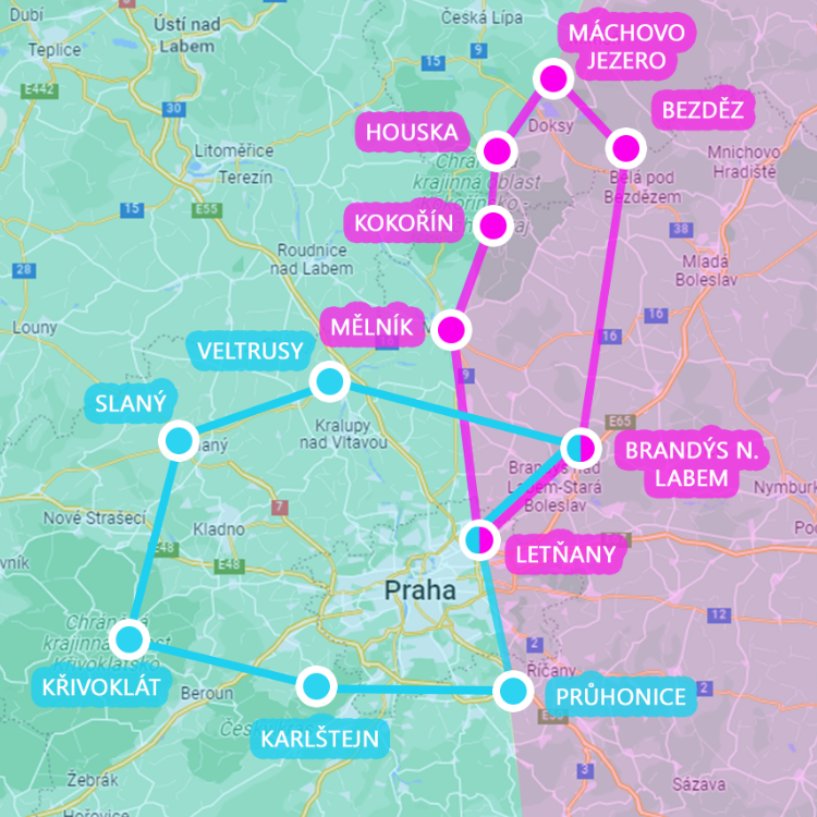 Mapa vyhlídkového letu nad hrady a zámky v okolí Prahy