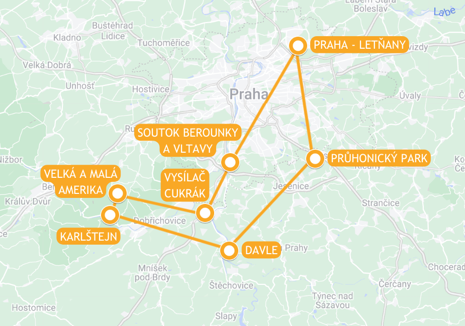 Mapa trasy letu vyhlídkového letu nad hrad Karlštejn