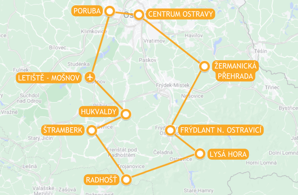 Mapa trasy letu vyhlídkového letu nad Beskydy