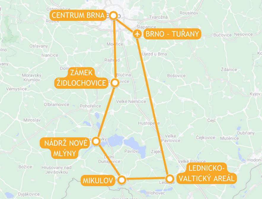 Mapa trasy letu vyhlídkového letu nad Pálavu