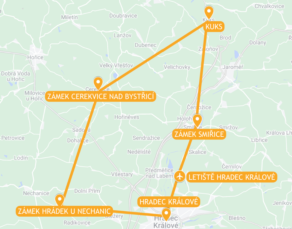 Mapa trasy prvního vyhlídkového letu