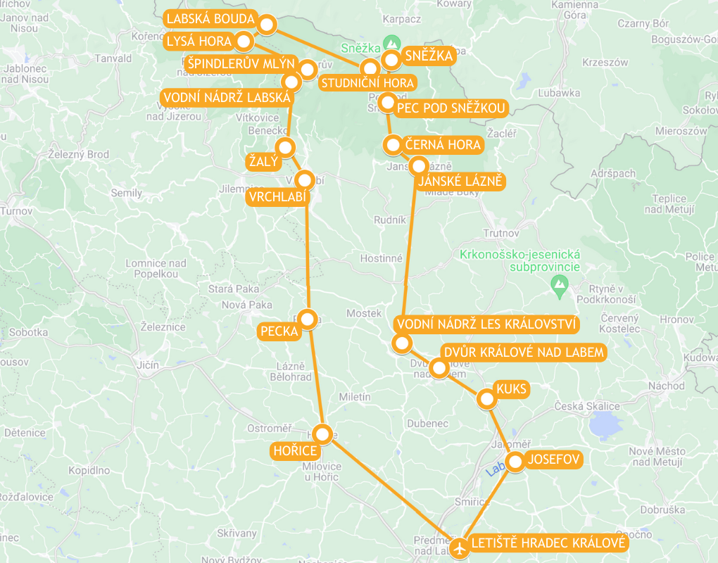 Mapa trasy vyhlídkového letu