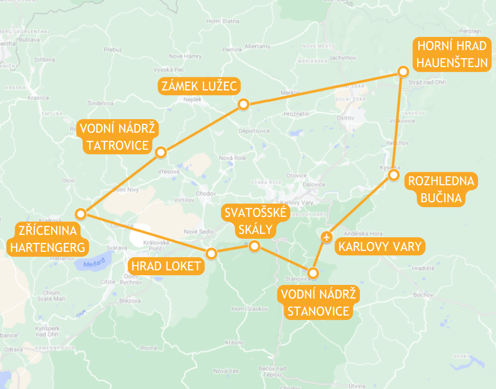 Mapa trasy vyhlídkového letu