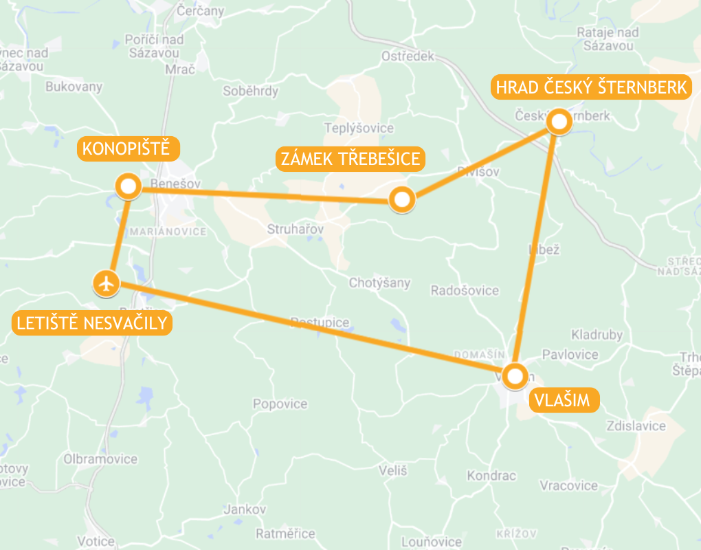 Mapa trasy vyhlídkového letu