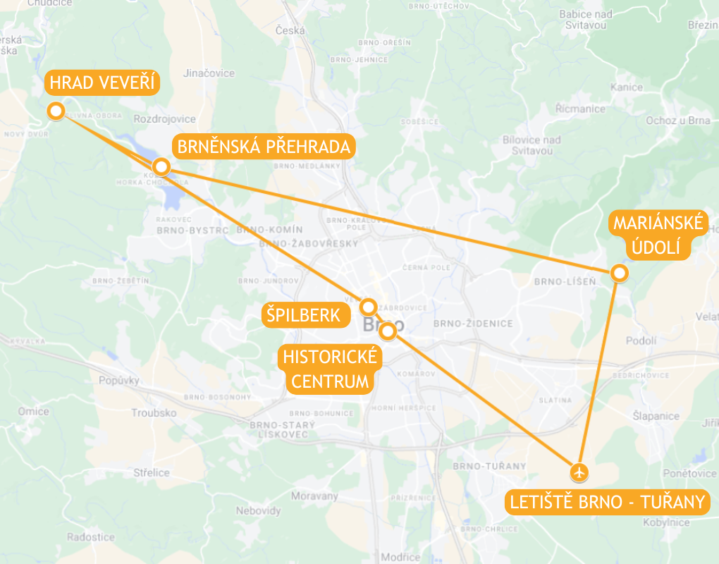 Mapa trasy vyhlídkového letu nad Brno